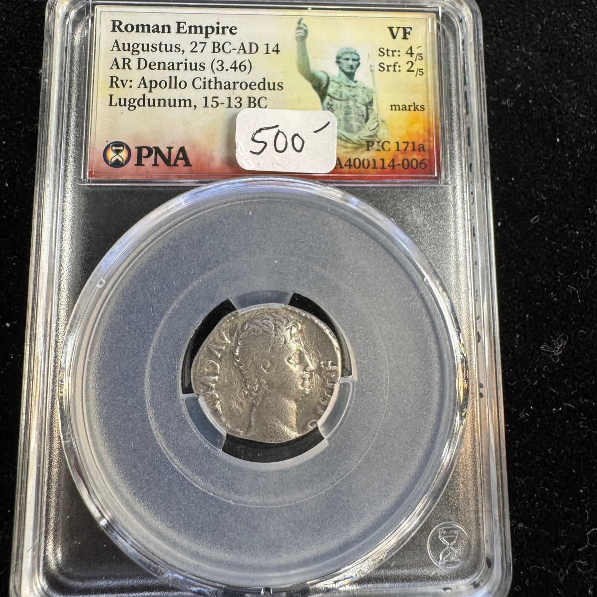 AUGUSTUS (27 BC-14 AD), Roman Empire Silver Denarius, c15 BC Lugdunum Mint, Rv: Apollo Citharoedus, PNA VF
