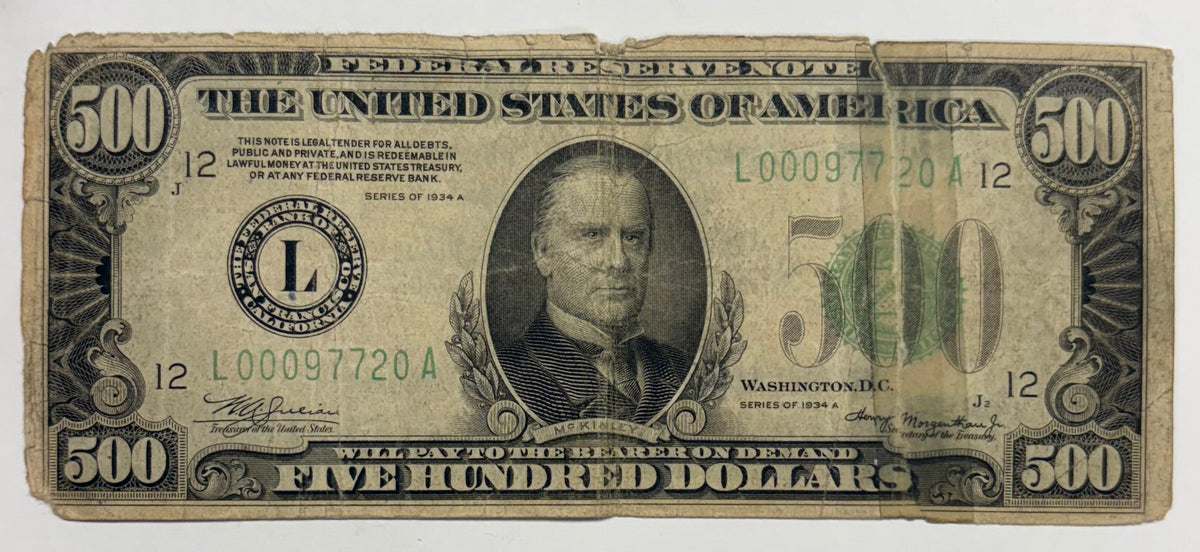 1934 A $500 Federal Reserve Note . . . . Good Torn & Taped together