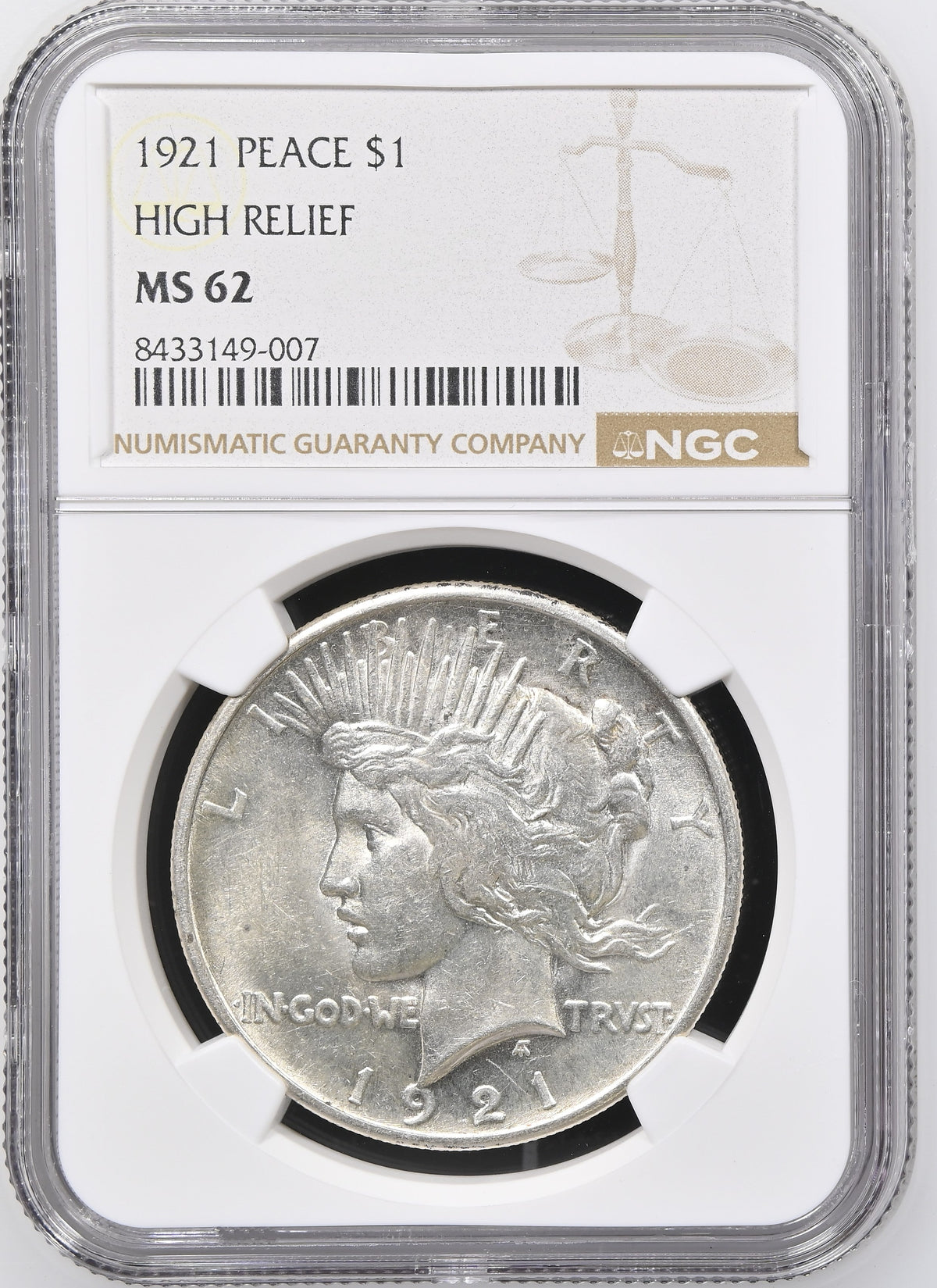 1921 $1 Peace Dollar High Relief MS62 NGC