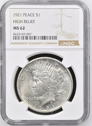 1921 $1 Peace Dollar High Relief MS62 NGC