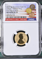 2025 4g Ascension Lincoln - Omega Privy First Day of Issue Gold 1C Rev PF 70
