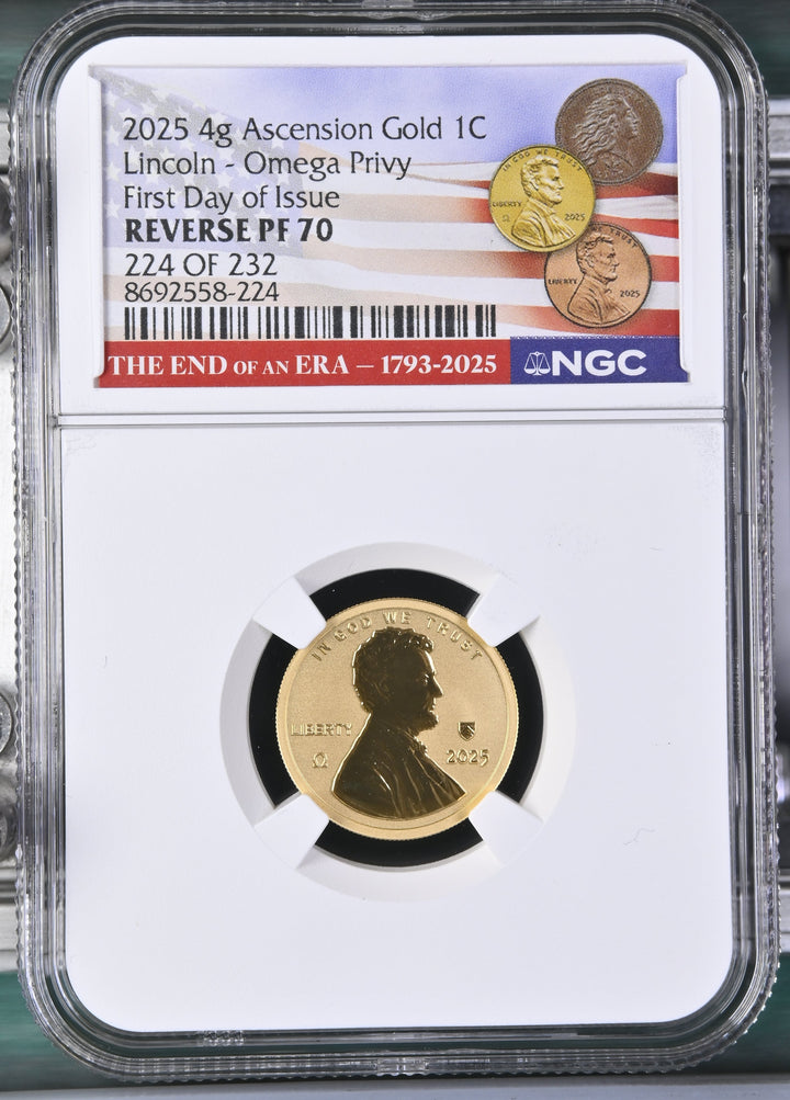 2025 4g Ascension Lincoln - Omega Privy First Day of Issue Gold 1C Rev PF 70