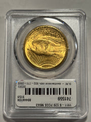 1911-S Gold $20 Saint Gaudens PCGS MS63