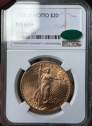 1908 D Motto $20 Saint Gaudens MS 64+ CAC
