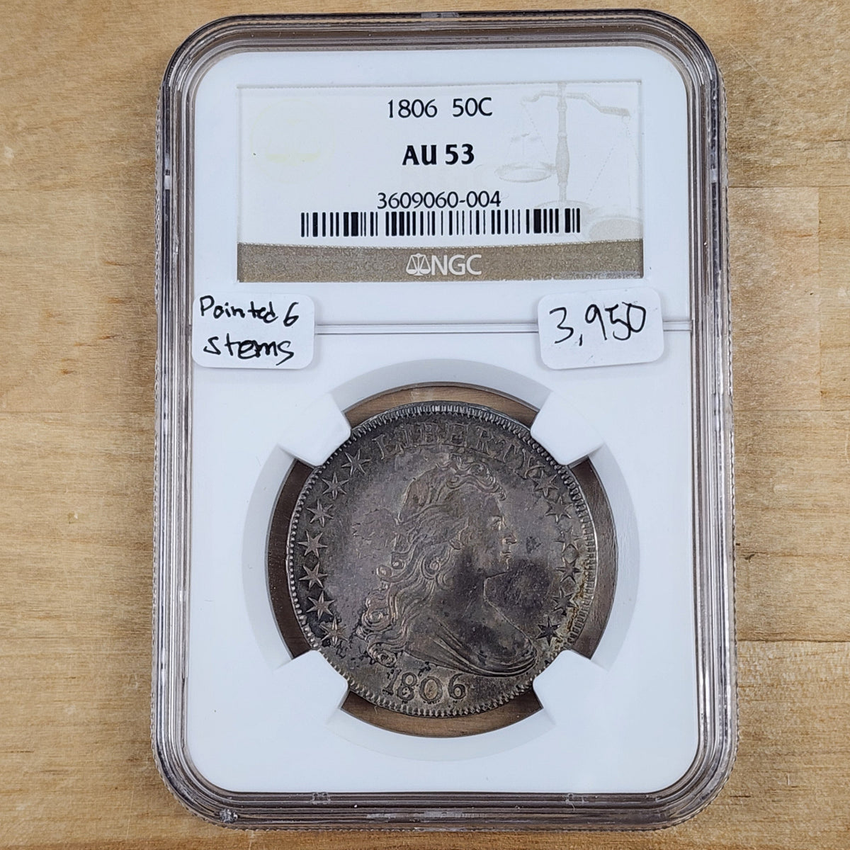 1806 50C AU53 Draped Bust Pointed 6 Stems